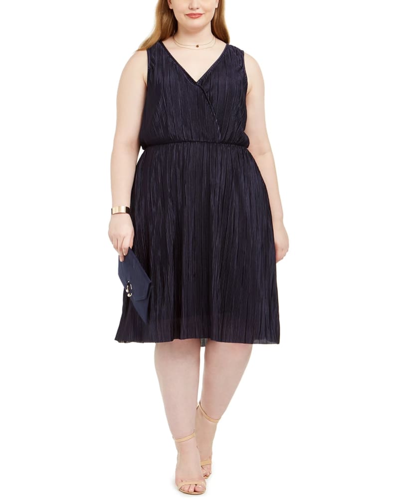 Front of a model wearing a size 2X Love Squared Women's Trendy Plus Size Pleated Surplice Dress Navy Size 2X in Blue by Love Squared. | dia_product_style_image_id:312885